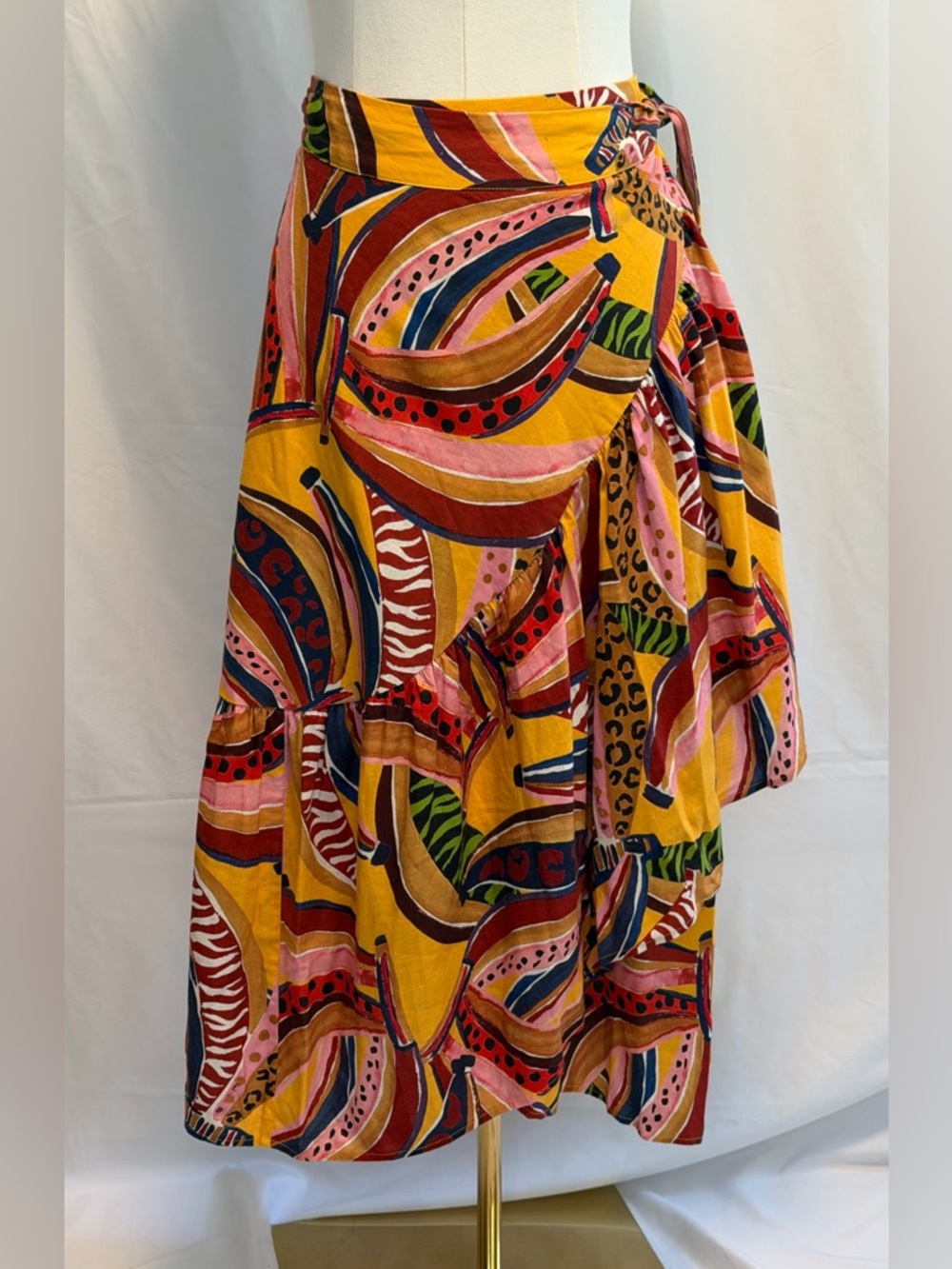 Farm Rio Banana Print Small Yellow Ruffle Tassel Tropical Boho Maxi Wrap Skirt